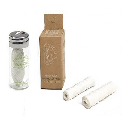 Organic Silk Floss in Glass Jar + REFILLS with Tea Tree and Peppermint essential oils 90 m/99 yds total - by Lucky Teeth (1+2 Pack)