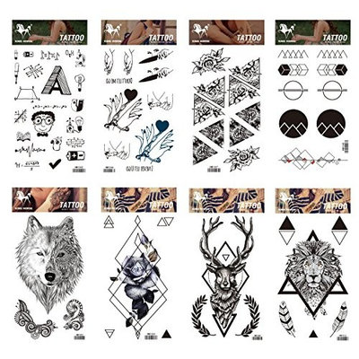 Long lasting and realistic temp tattoo stickers 8pcs cartoon and totem in a packages,including totem Graphics,,black rose,flowers deer,wolf,tiger