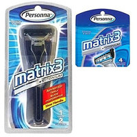 Personna Matrix3 Advanced Triple Blade Razor Handle + Matrix3 Titanium Triple Blade Refill Cartridge Blades, 4 Ct. + FREE LA Cross Manicure 74858