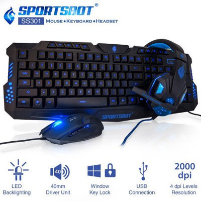 Soundbot SportsBot SS301 Blue LED Gaming Over-Ear Headset Headphone, Keyboard Mouse Combo Set w 40mm Speak