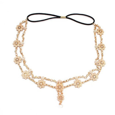 Frcolor Bohemian Alloy Headbands Chain Crystal Pearl Headpiece for Women Headdress Decoration