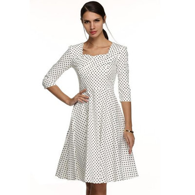 Elegant Women Sexy Lady Square Neck 3/4 Sleeve High Waist Dots Print Casual Party Dress PESTE