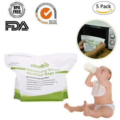 Premium Microwave Steam Sterilizer Bags ( 5 Pcs/Pack), 11.427.87 inch Durable Reusable Quick Clean Sterilization Pouches for Baby Bottles, Soothers, Teethers & Training Cups