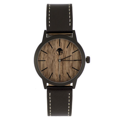 Wood Watch Walnut Wooden Face Waterproof Black Steel Case Black Genuine Leather Band Gift Box by Viable Harvest