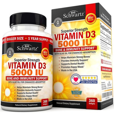 Vitamin D3 5,000 IU. Superior Absorption. 360 Tiny Softgels. Gluten Free & Non-GMO Best Vitamin D3 Supplement. Healthy Muscle Function, Bone Health and Immune Support. Made in USA
