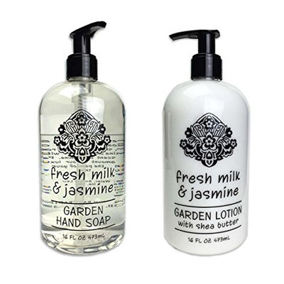Greenwich Bay Trading Company Garden Collection Bundle: Fresh Milk & Jasmine - 16 Ounce Shea Butter Lotion & 16 Ounce Hand Soap