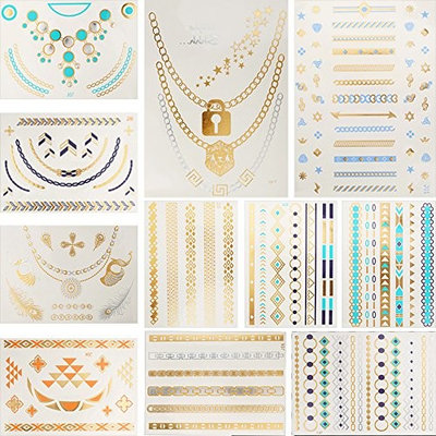 11 Sheets Flash Gold Blue Temporary Tattoo Sticker Chain Body Art Jewelry for Women