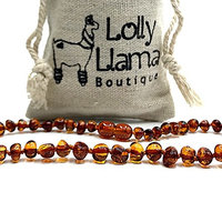 Lolly Llama Beautiful Baltic Amber Teething Necklace for Babies (Unisex) Drooling & Teething Pain Relief - Certified Genuine Baltic Amber Chip Bead - Cognac Baroque