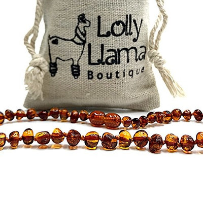 Lolly Llama Beautiful Baltic Amber Teething Necklace for Babies (Unisex) Drooling & Teething Pain Relief - Certified Genuine Baltic Amber Chip Bead - Cognac Baroque