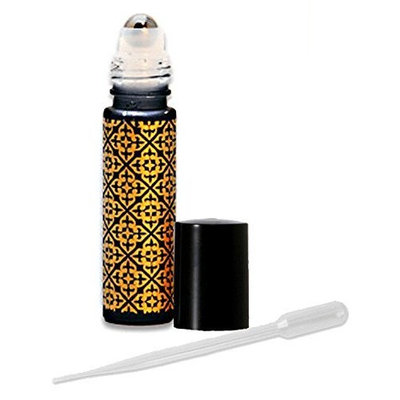 12 .33 Fl. Oz./10 Ml. Black Frosted Glass with Gold Overlay Design/Decoration Roll on Bottles Refillables with Metal Balls and Black Caps
