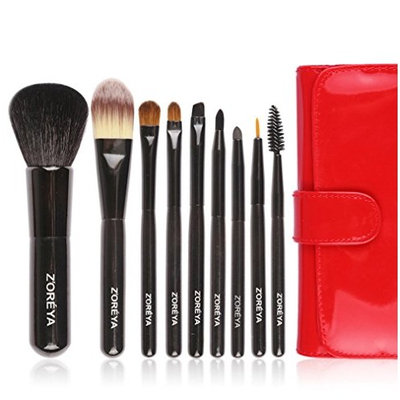 Z'oreya 9pcs red color Natural hair makeup brushes for women Cosmetic tool powder brush foundation brushes set