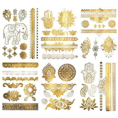 Metallic Henna Mandala Temporary Tattoos - Over 75 Designs (6 Sheets) Fake Shimmer Jewelry Inspired Mehndi Gold and Silver Terra Tattoos Maya Collection