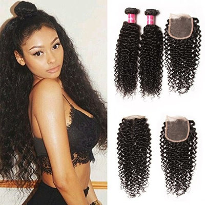 Longqi Beauty Unprocessed Brazilian Curly Virgin Human Hair Weave 3 Bundles with 1 piece Free Part Lace Top Closure 100% Human Hair