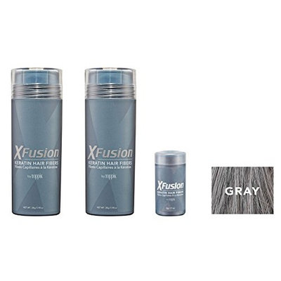 Xfusion Keratin Hair Fibers,Two Pack Value 2 x 28 gr / 0.98 oz GRAY/FREE Refillable 3 gr Travel Size Fibers ($8.00 Value) …