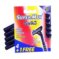 Super Max Kwik3 Extra Long Handle Razor Blades With Firm Grip (4+1 Pack), Black