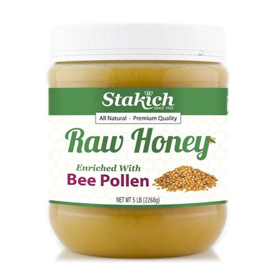 Stakich BEE POLLEN Enriched RAW HONEY 5-LB (80 oz) - 100% Pure, Unprocessed, Unheated -