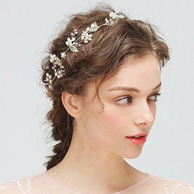 Kercisbeauty Handmade Wedding Bridal Bridesmaids Crystal Beads Leaf and Rose Flower Luxury Adjustable Headband Bridal Headpiece Wedding Hair Vine Hair Hoop Wreath Bridal Hair Accessory