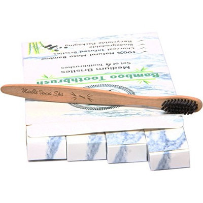 Bamboo Toothbrush Kit – 100% Natural Moso Bamboo Biodegradable Eco-Friendly Charcoal Infused Medium Bristles Vegan BPA Free Best Premium Teeth Whitening Tooth Brush Family/Guest/Travel Value Set of 4