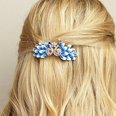 QueenMee Vintage Hair Clip Vintage Hair Clip Gold Vintage Hair Clip Enamel Hair Clip Enamel Barrette Peacock Hair Clip Animal Hair Clip Bridesmaid Hair Clip Hair Barrette (Blue)