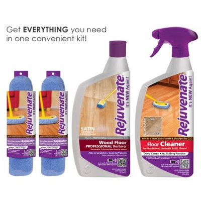 Rejuvenate Professional Wood Floor Restorer Satin Non-Toxic Easy Mop On Application With Floor Cleaner and 2 Micro Fiber Mop Bonnets 4 Piece Kit