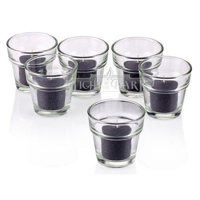 Light In The Dark Clear Glass Flower Pot Votive Candle Holders with Black Votive Candles Burn 10 Hours Set Of 72