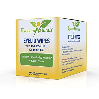 Eyecare Naturals Tea Tree Oil Eyelid Wipes With Coconut Oil - Dry Eyelid Wipes No Rinse, Natural Essential Oil Cleansing Eye Wipes - Daily Eyelid Makeup Remover - Box of 30 Individually Wrapped Wipes