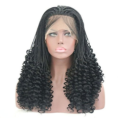 Rongduoyi Micro Braids Wig With Curly End Black Synthetic Lace Front Wigs Half Braided Wigs African Hair For Black Women Heat Resistant Hair 18Inch