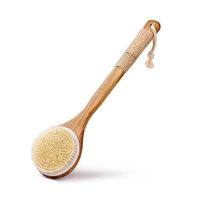 Bath Body Brush Boar Bristles Exfoliating Body and Cellulite Massager with Long Wooden Handle for Bath and Shower