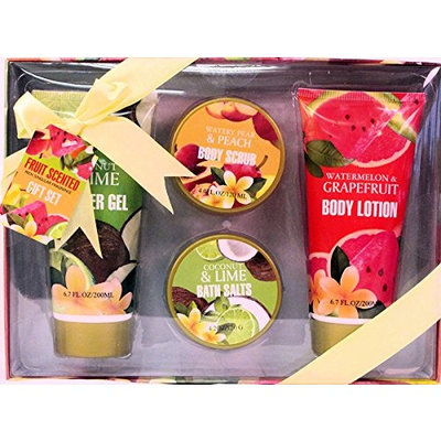 Fruit Scented Bath Gift Set - Coconut & Lime Shower Gel, Watery Pear & Peach Body Scrub, Coconut & Lime Bath Salts, Watermelon & Grapefruit Body Lotion