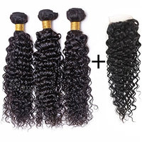 BEAUFOX Brazilian Water Wave 3 Bundles With Closure Free Part Remy Human Hair Extension Unprocessed Virgin Hair Can Be Dyed and Bleached