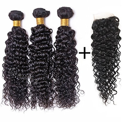 BEAUFOX Brazilian Water Wave 3 Bundles With Closure Free Part Remy Human Hair Extension Unprocessed Virgin Hair Can Be Dyed and Bleached