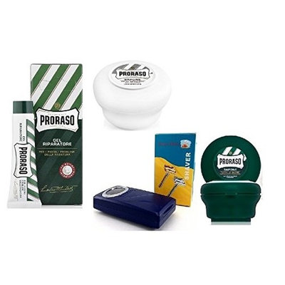 Proraso Shave Soap, Sensitive 150 ml + Proraso shaving soap menthol and eucalyptus 4oz + Shaving Factory Double Edge Safety Razor, Silver + Proraso Styptic Gel 10ml + Scunci Black Roller Pins, 18 Pcs