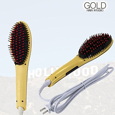 Medex Gold Hair Studios Magic Hair Straightening Brush with LCD Display and Variable Temperature. Anti-Scald Ceramic Plates, No Frizz Silky Smooth Hair!