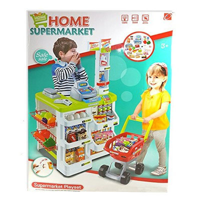 MZ TOYS 66803 Toycity Fun Super Market Pretend Play Toy Market Play Set with Toy Cash Register, Working Scanner, Shopping Cart, Pretend Food and Money