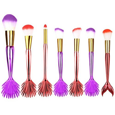 Fenleo 7 Pcs Mermaid Makeup Brush Set Professional Premium Synthetic Foundation Blending Blush Concealer Eye Face Liquid Powder Cream Cosmetics Brushes Kit Gradient Colorful Fishtail Handle