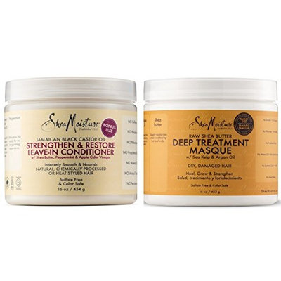 Shea Moisture Raw Shea Butter Powerful Duo, Deep Treatment Masque, 16 Fl Ounce | Shea Moisture Jamaican Black Castor Oil Strengthen and Grow Leave-In Conditioner, 16 Fl Ounce
