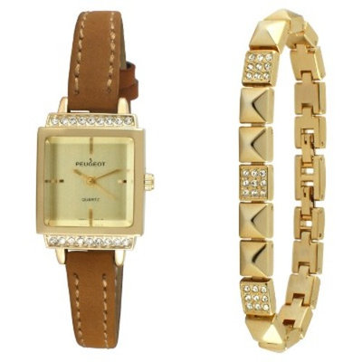 Peugeot Women's Gold Petite Faceted Crystal Watch with Matching Pyramid Bracelet Gift Set - Gold/Brown