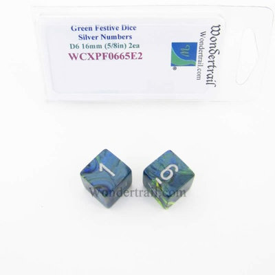 Wondertrail Products Green Festive Dice with Silver Numbers D6 Aprox 16mm (5/8in) Pack of 2 Wondertrail