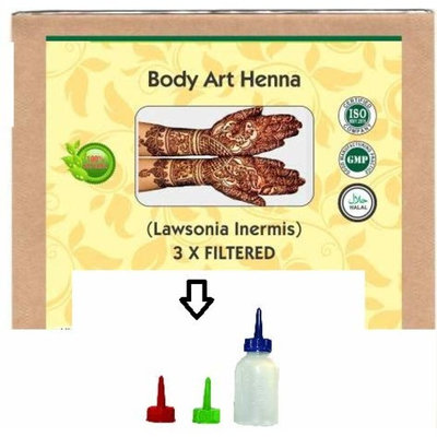 Body Art Henna (lawsonia Inermis) Triple filtered 100% Natural Chemical Free with Free Applicator Bottle js
