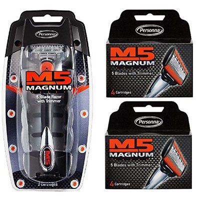 Personna M5 Magnum 5 Razor with Trimmer + M5 Magnum 5 Refill Razor Blade Cartridges, 4 ct. (Pack of 2) + FREE Schick Slim Twin ST for Sensitive Skin