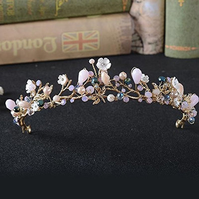 FXmimior Bridal Hair Accessories Gold Pink Flower Bead Wedding Crown Headband Women Crystal Tiara Headpiece Wedding Hair Accessories