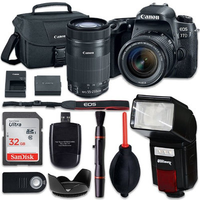 Canon EOS 77D Digital SLR Camera with Canon EF-S 18-55mm f/4-5.6 IS STM Lens + Canon EF-S 55-250mm f/4-5.6 IS STM Lens + Accessory Bundle (11 Items)