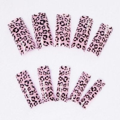 Leegoal New 100Pcs Designed Pink And Black Leopard Pattern Fake False Acrylic Uv Gel Nail Art Tips