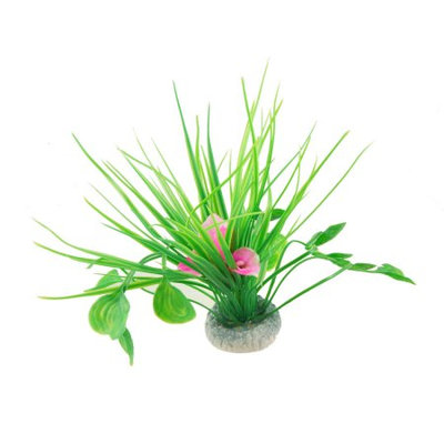 Aquarium White Pink Plastic Flower Green Grass Plants w Ceramic Base
