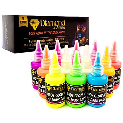 Diamond Driven Body Glow in Dark Paint Blacklight Face and Body Paint UV, Acrylic Glow Paint 60ml 2.02oz - Set of 12 Tubes - Neon Fluorescent
