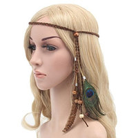 DEESEE(TM) Bohemia Peacock Feather Headdress Headband Braid Hair Hoop Headband Lead Rope