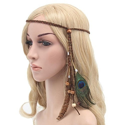 DEESEE(TM) Bohemia Peacock Feather Headdress Headband Braid Hair Hoop Headband Lead Rope