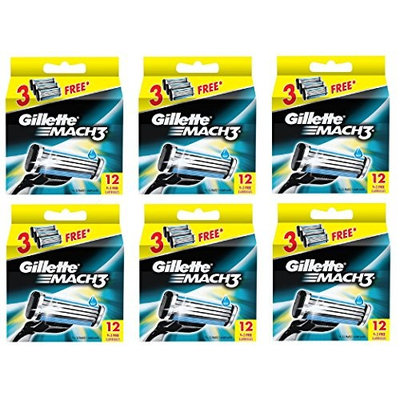 Gillette Mach3 Refill Razor Blade Cartridges, 12 Count (Pack of 6) + FREE Eyebrow Razor, 3 Ct.