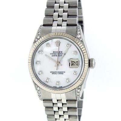 Pre-Owned Rolex Mens Datejust Steel & White Gold Mother of Pearl Diamond Watch 16014 Jubilee