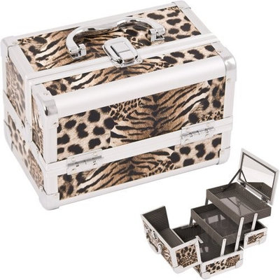9 inch Brown Leopard Aluminum 2 Extended Tiers Makeup Artist Beauty Cosmetics Organizer Storage Travel Carrying Case